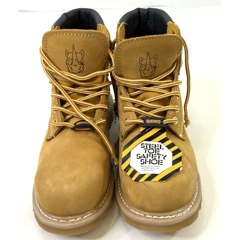 Rhino Mens Steel Toe Work Boots Size 9.5 Leather Insulated Safety Shoes Tan
